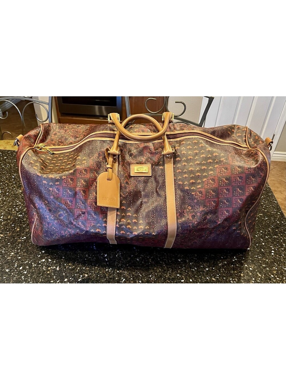 Vtg Escada Boston Duffle Bag Coated Canvas Leather Trim. Made In Italy